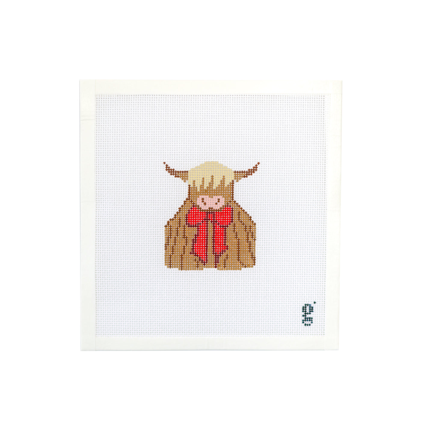 Square white needlepoint canvas with brown highland cow wearing red bow