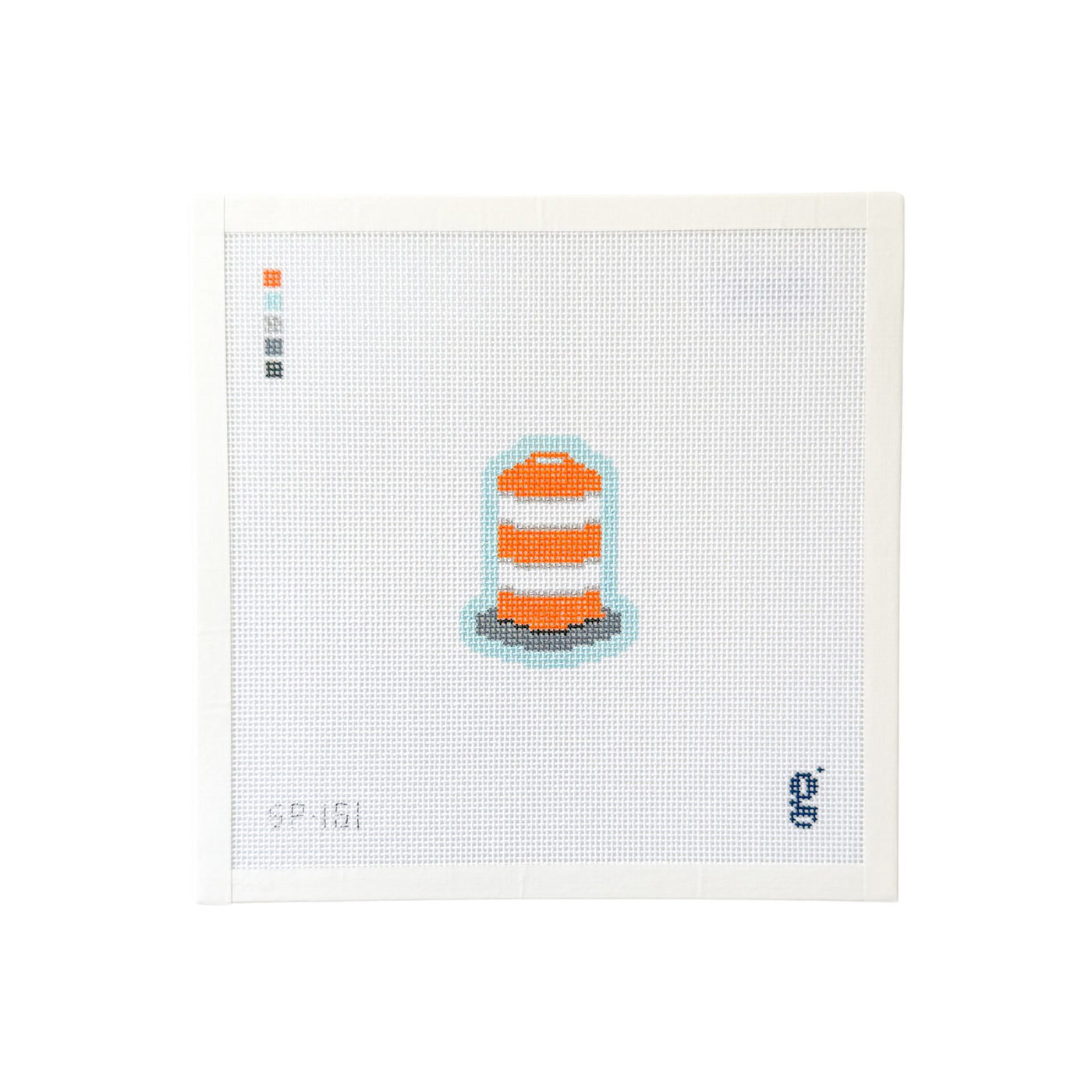 white square shaped needlepoint canvas with an illustration of a barrel cone at center