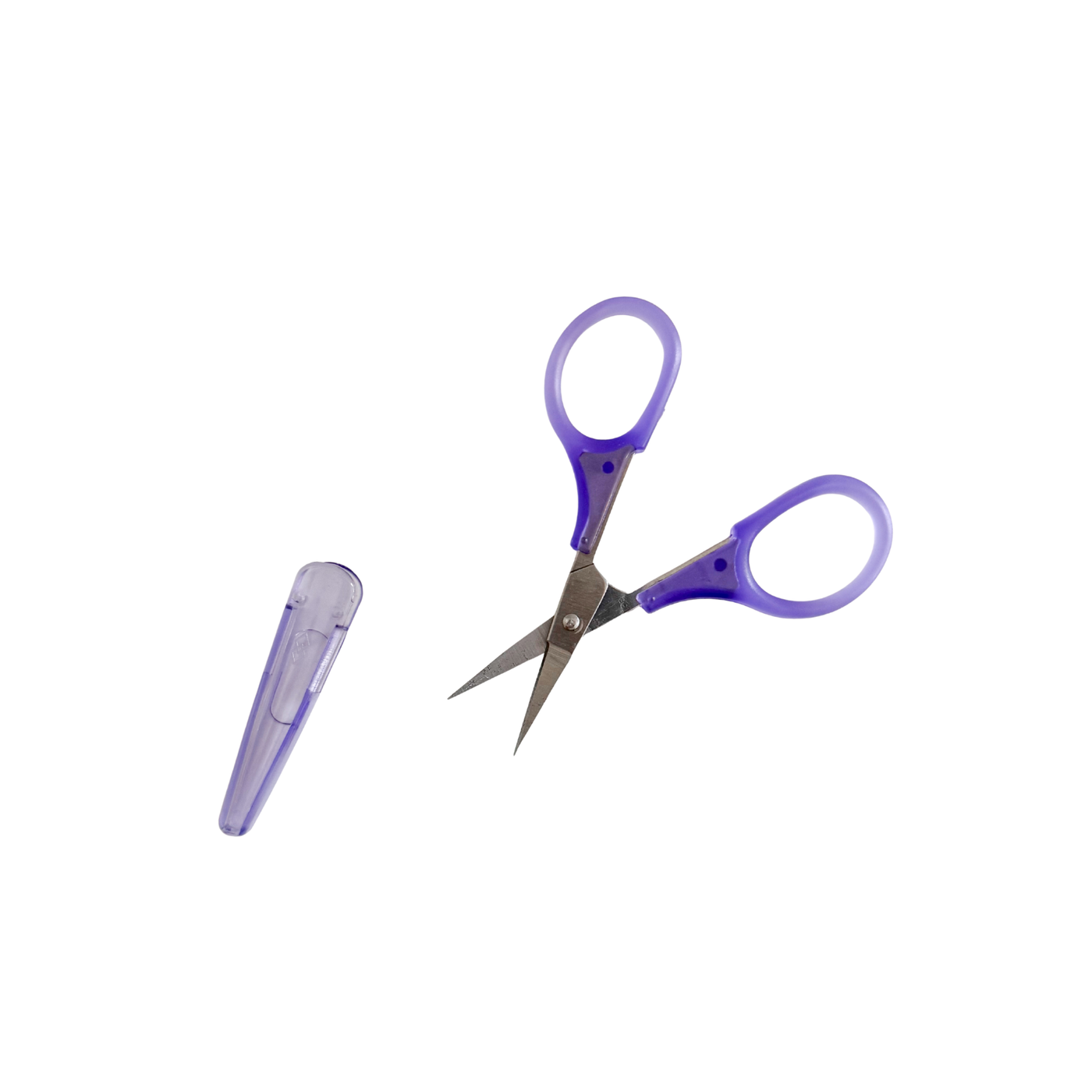 purple handled embroidery scissors lay open next to their blade cover