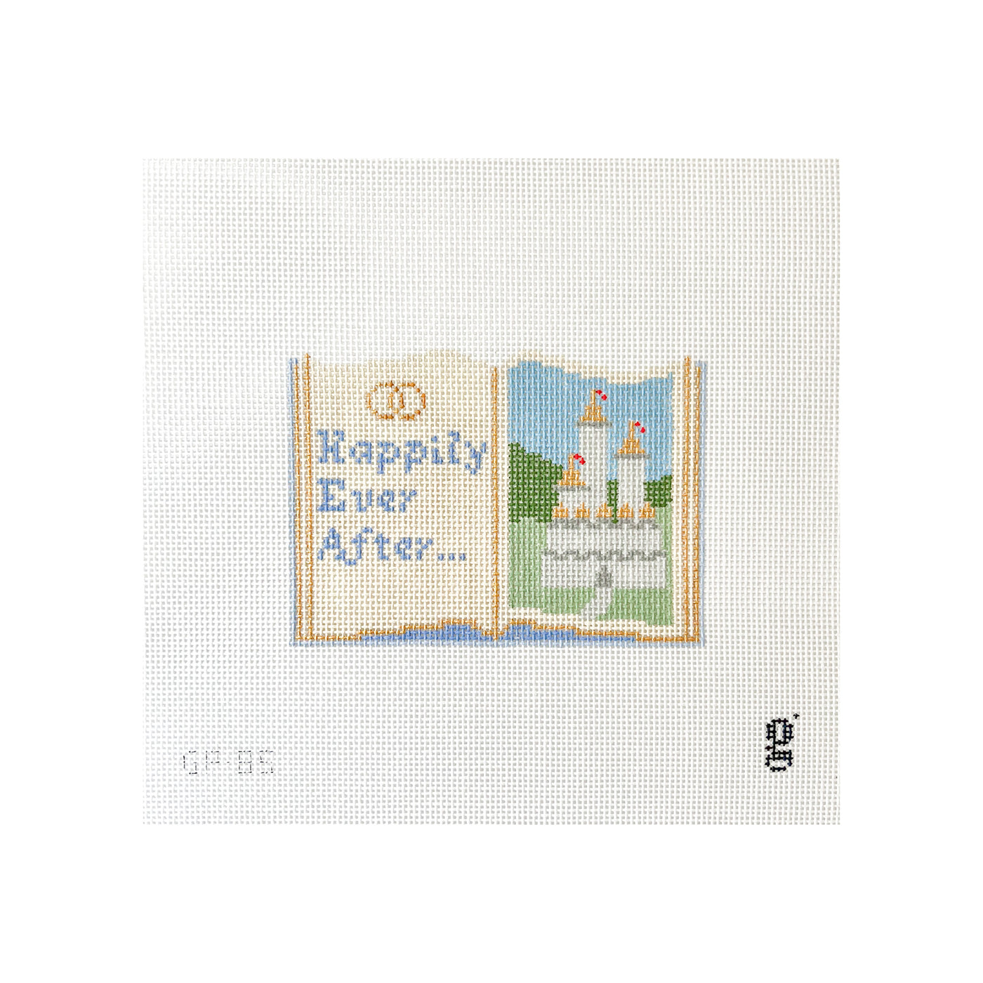 White needlepoint canvas with painted design of an open storybook. A fairytale castle is on the right page while the words "Happily Ever After" beneath interlocking wedding rings is on the left page