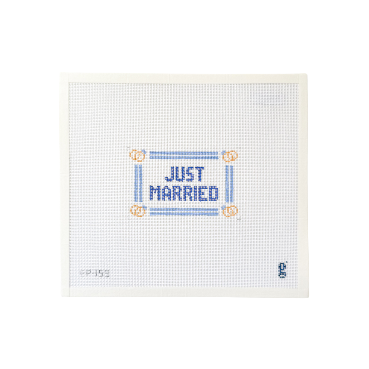 white rectangle needlepoint canvas with light blue double stripe border with double wedding rings at each corner and the words "JUST MARRIED" at center in blue