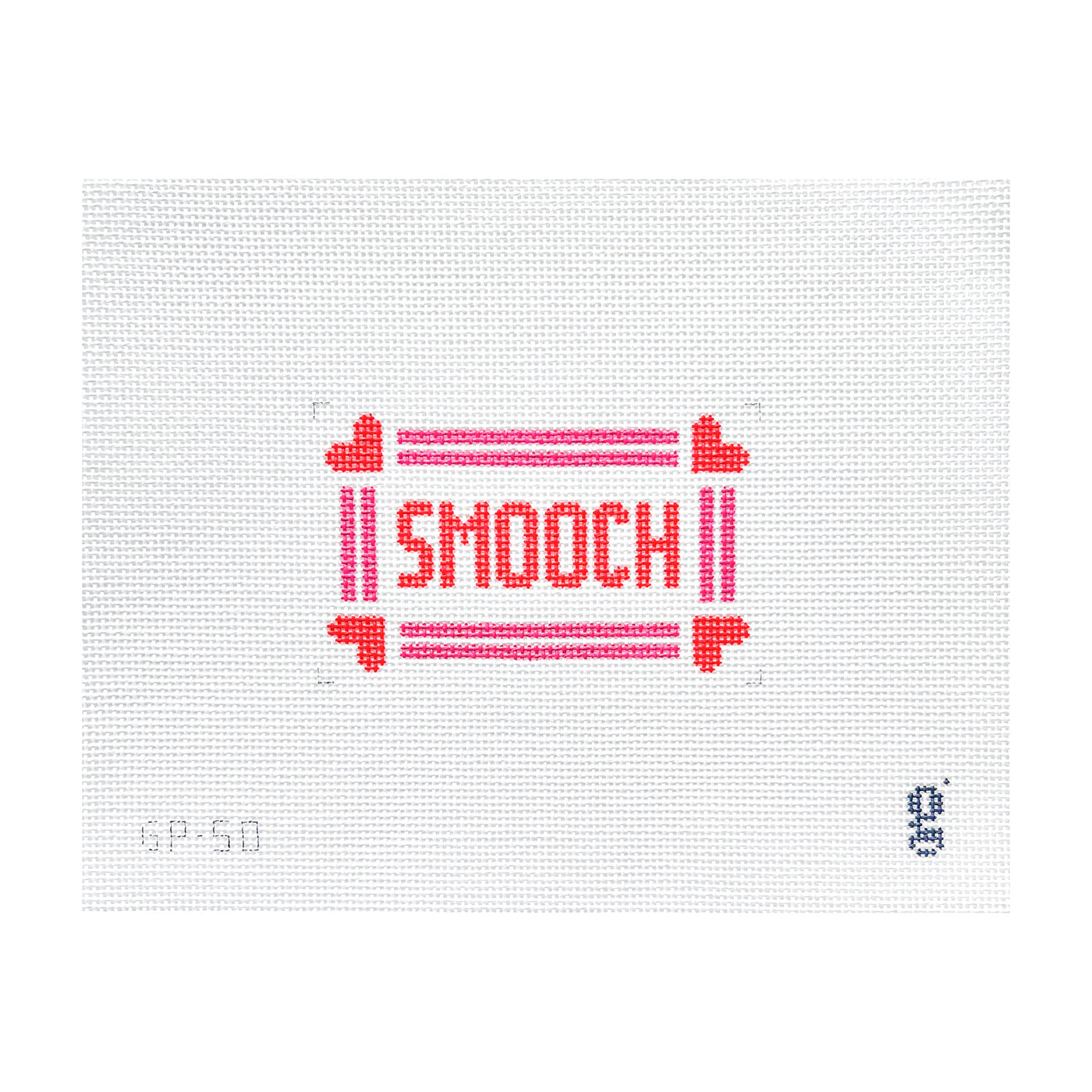 White needlepoint canvas with the word "SMOOCH" in red block text at center. Surrounding the text is a hot pink striped border with a red heart in each corner.