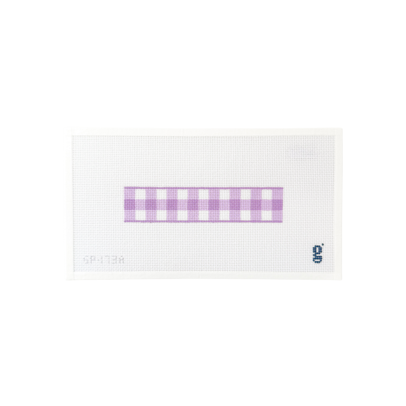 white rectangular needlepoint canvas with lavender and purple gingham key fob design at center