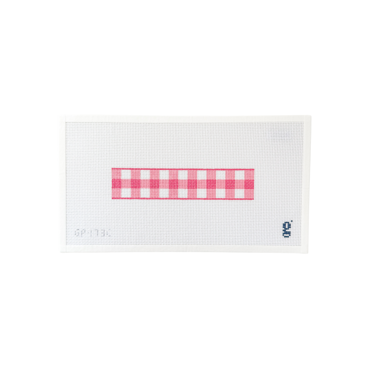 white rectangular needlepoint canvas with pink gingham key fob design at center