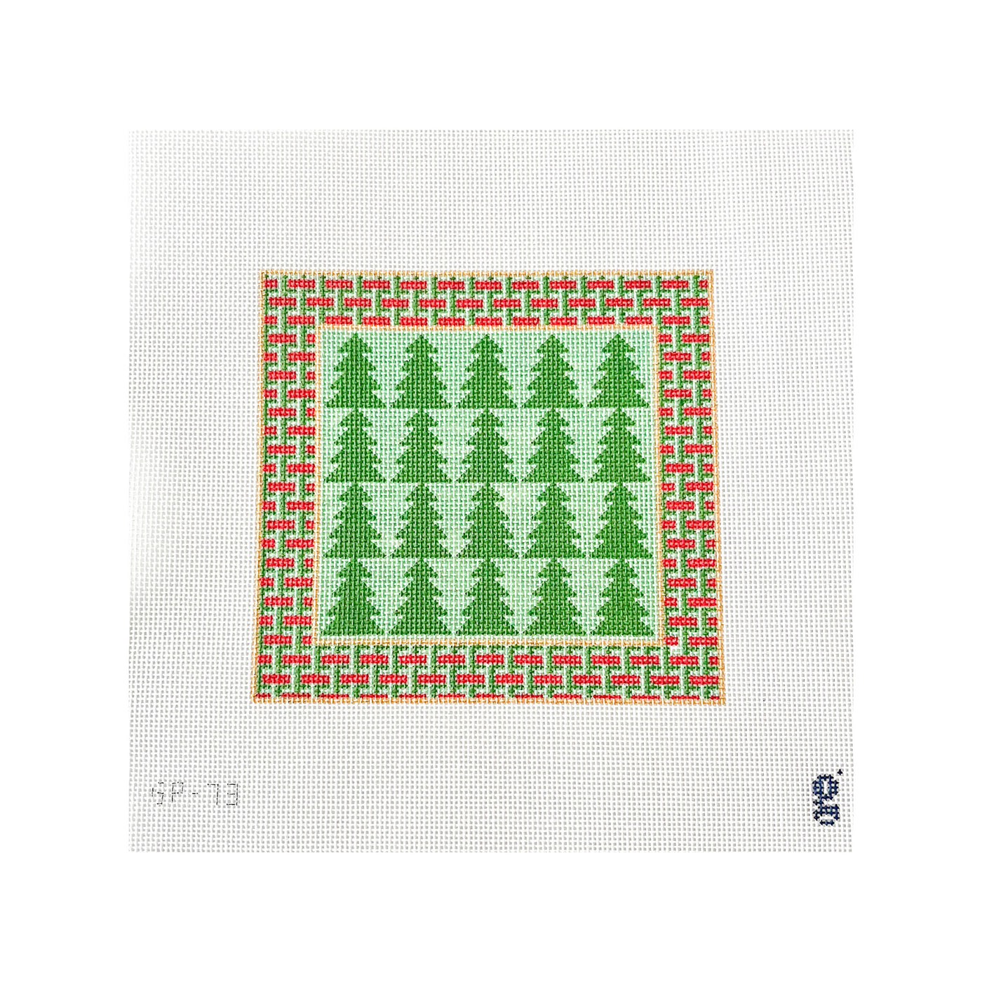 White needlepoint canvas featuring a square painted design. The outer border is green, mint green, red and gold in a woven pattern and the inside is mint green and green alternating Christmas trees.