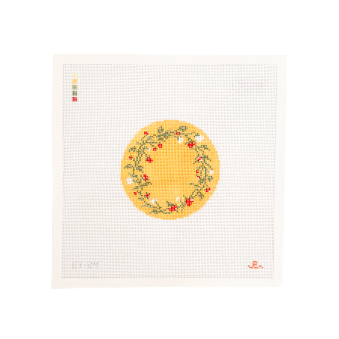 white square needlepoint canvas with yellow circular design featuring a wreath of strawberries and summer flowers