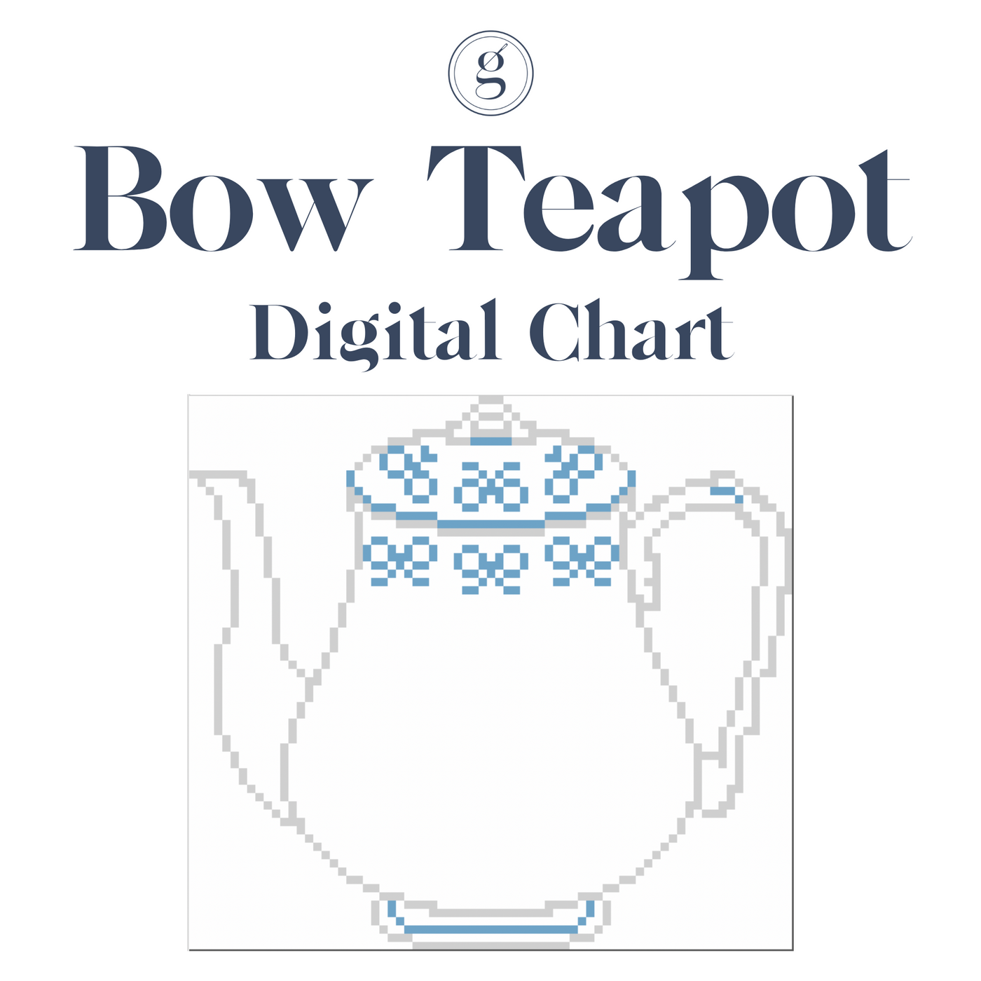 Pixelated image of a white teapot with blue bows beneath words "BOW TEAPOT DIGITAL CHART"