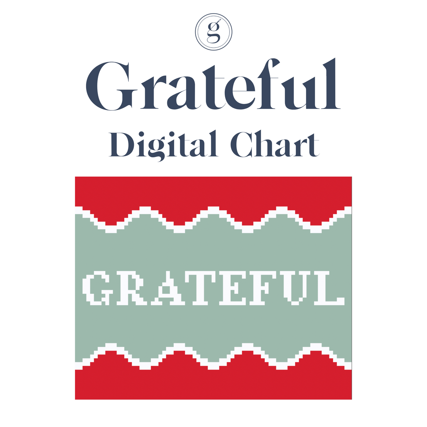 Pixelated image of a colorblock rectangle with the word GRATEFUL at center in white text, below navy text reading "Grateful Digital Chart" at top