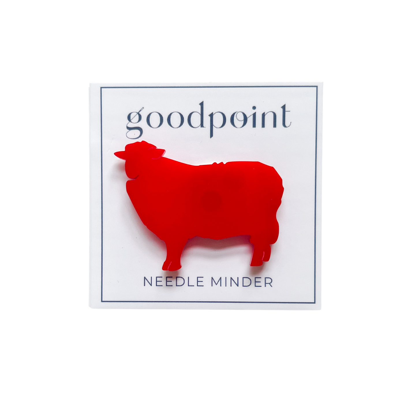 White card holds a red acrylic sheep magnet. The goodpoint logo and the words "Needle Minder" are at the bottom of the card.