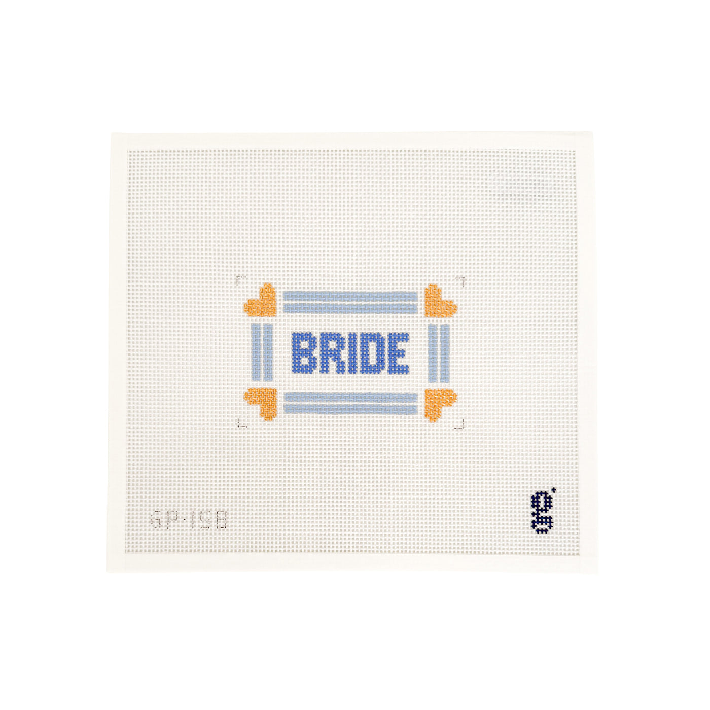 white rectangle needlepoint canvas with double stripe blue border with gold hearts at each corner and the word "BRIDE" at center in blue
