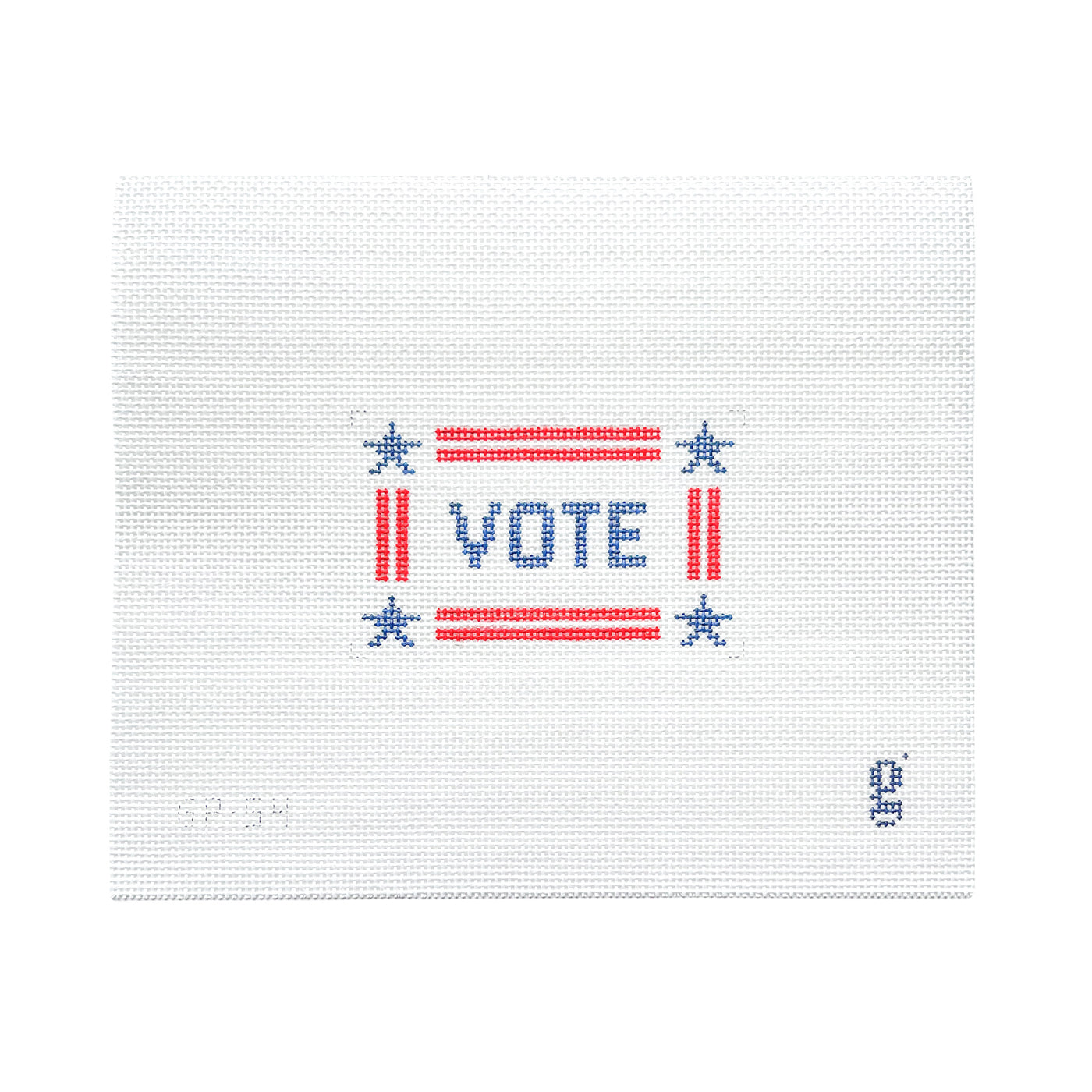 White needlepoint canvas with the word "VOTE" in navy block text at center, surrounded by a red stripe border and a navy star in each corner.