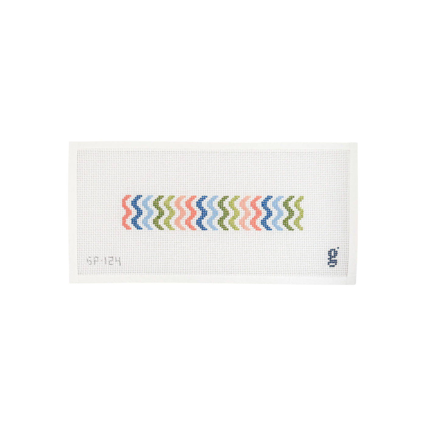 White needlepoint canvas with dark blue rectangular key fob design featuring rainbow squiggle lines running vertically