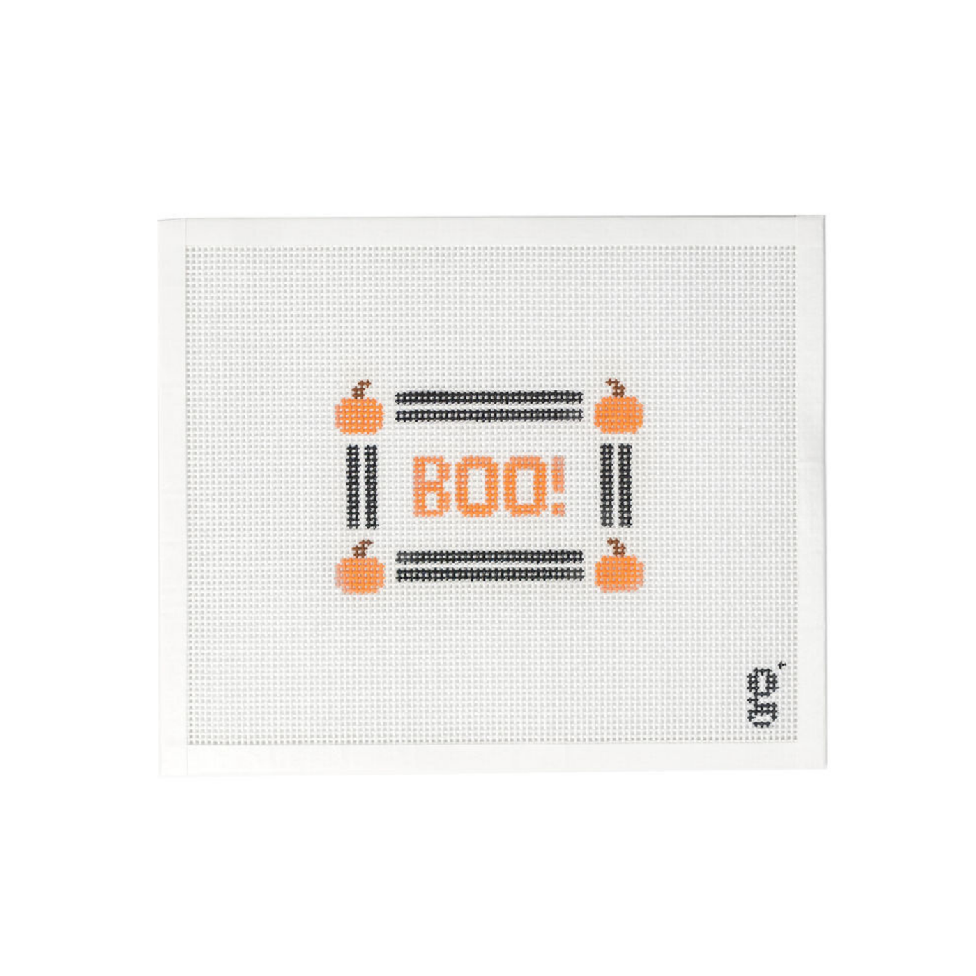 White needlepoint canvas with "Boo!" painted at center in orange, surrounded by black stripe border with pumpkins int he corners.