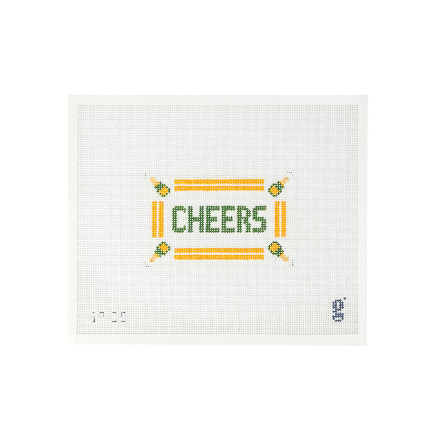 White needlepoint canvas with "CHEERS" painted at center in green surrounded by orange striped border and champagne bottles in each corner.