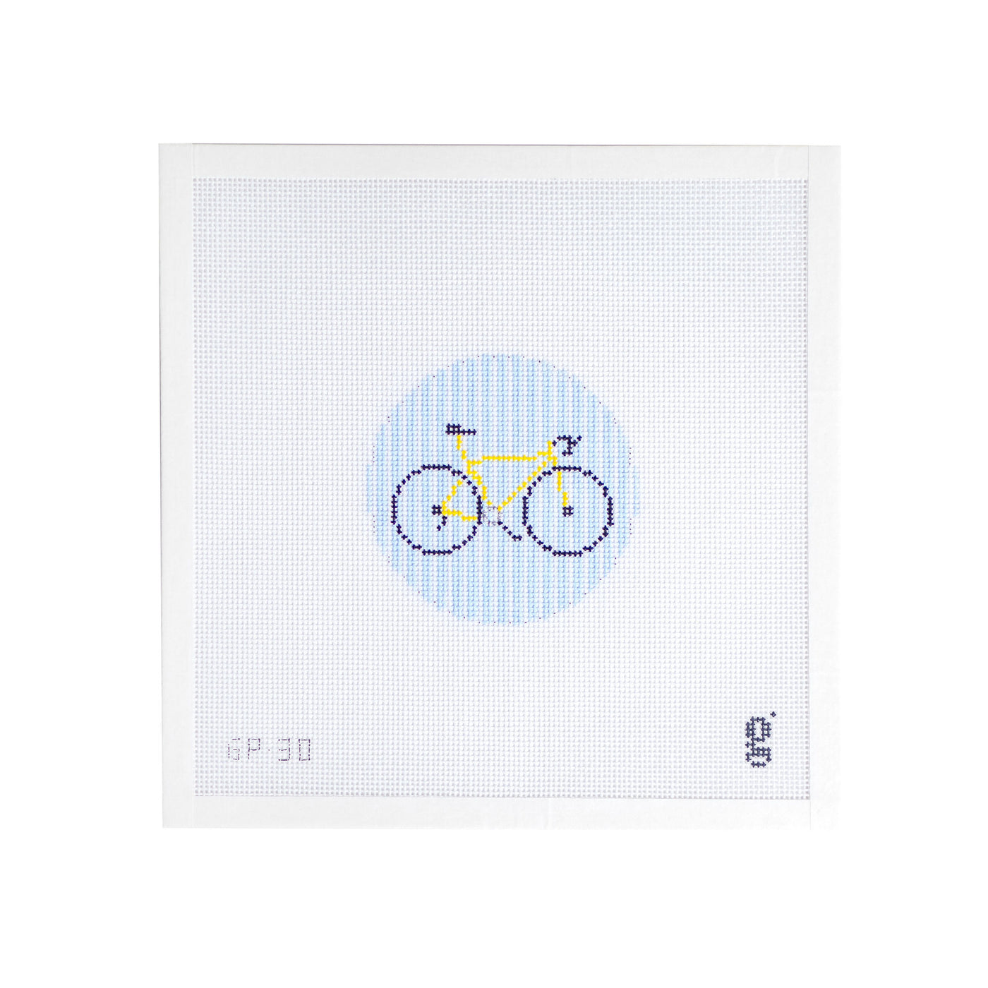 White square shaped needlepoint canvas with blue and white striped circle at center with a yellow road bike. The goodpoint logo is at bottom right corner and the SKU is at bottom left corner.