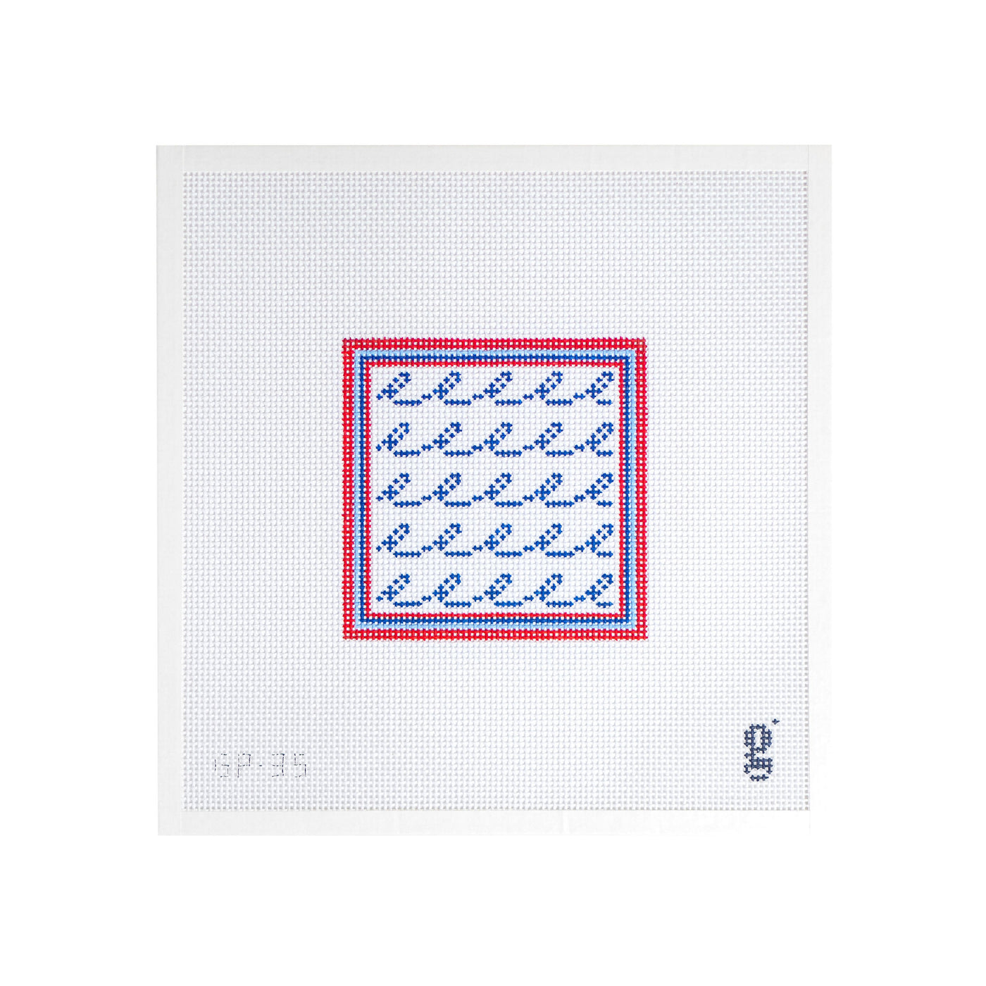 White square shaped needlepoint canvas. A red, light blue and navy striped border frame 5 rows of navy squiggles. The goodpoint logo is at bottom right corner and the SKU is at bottom left corner.