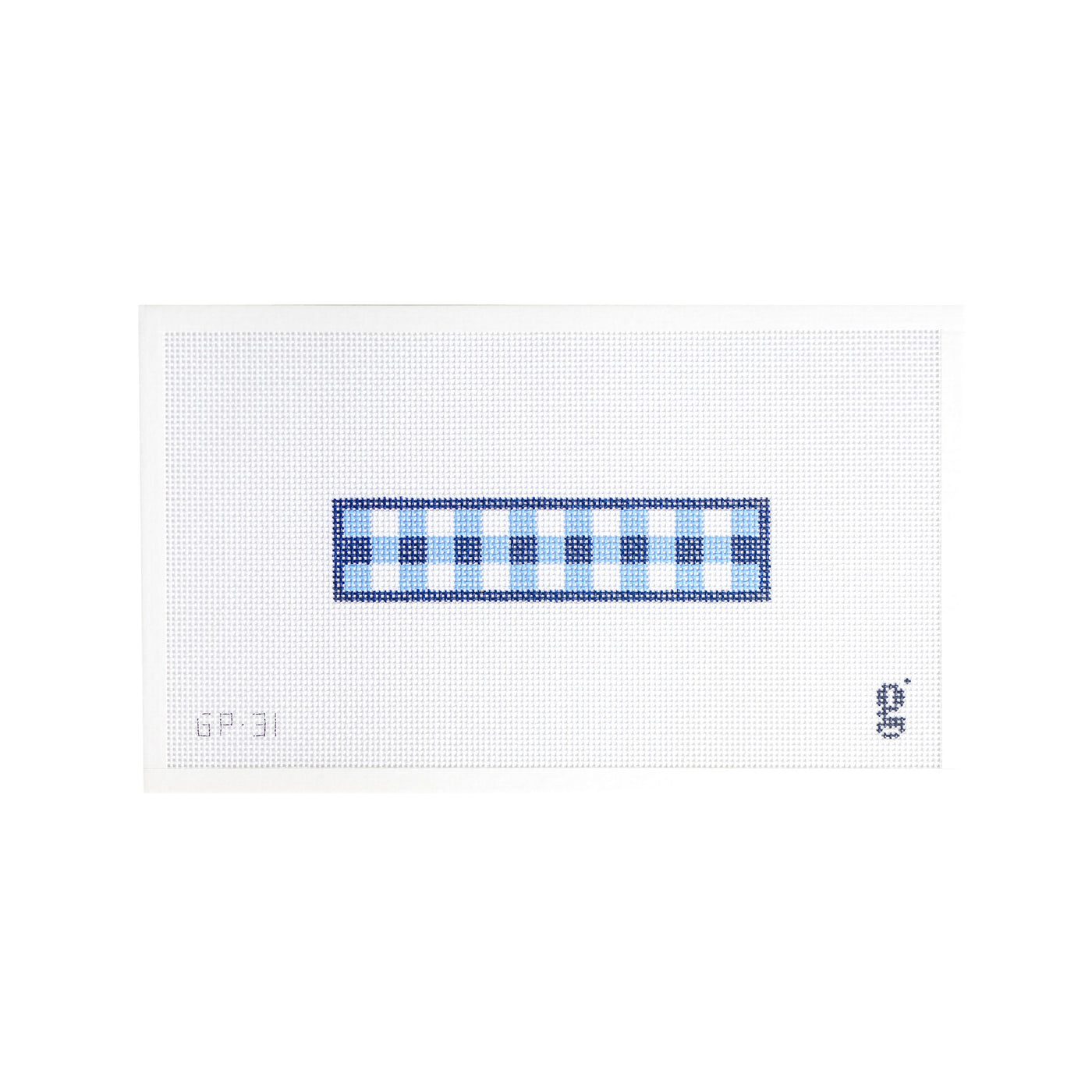 White rectangular needlepoint canvas with a smaller rectangular design of light blue, navy and white gingham with a navy border. The goodpoint logo is at bottom right corner and the SKU is at bottom left corner.