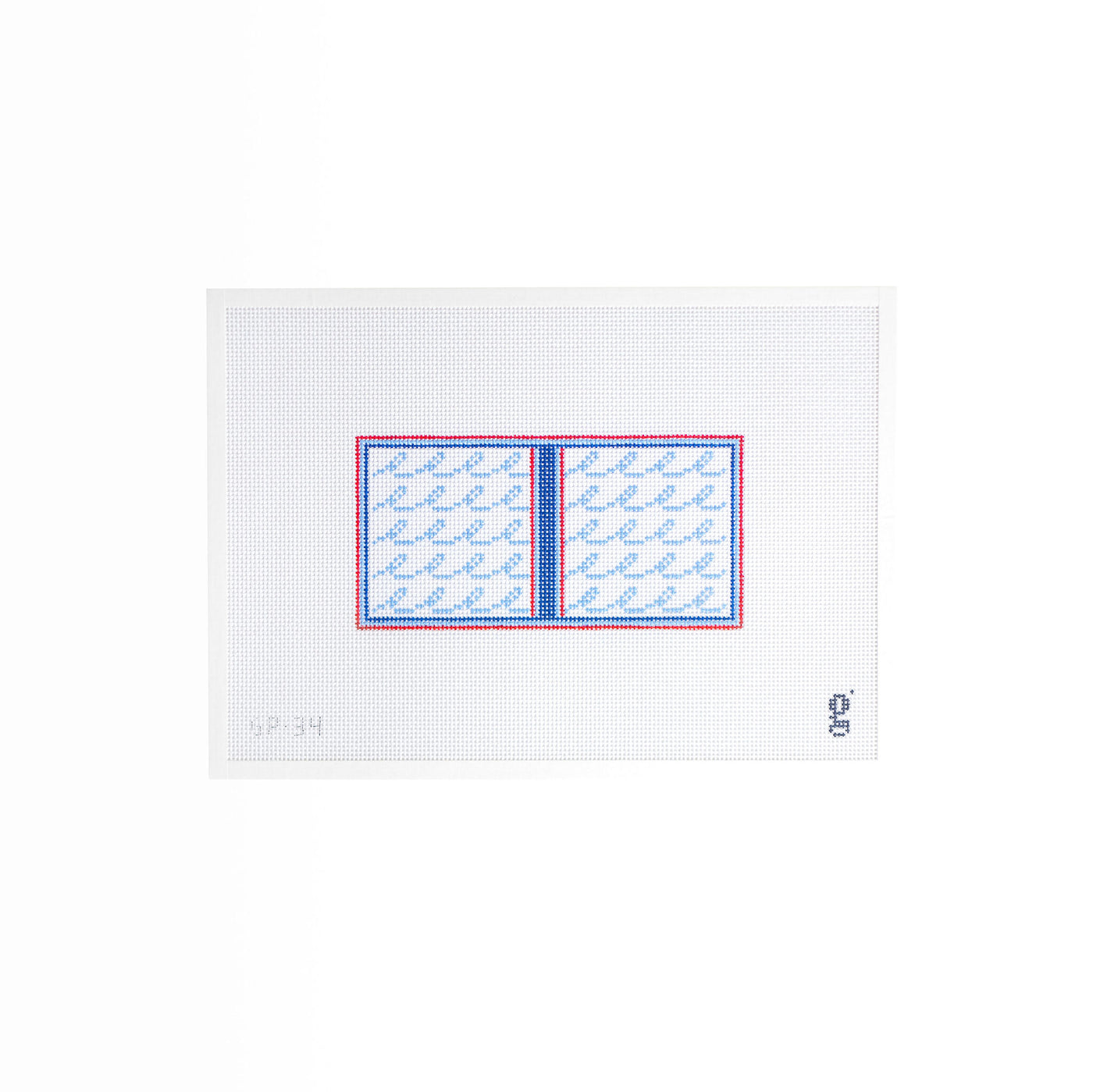 White rectangular needlepoint canvas. A red, light blue and navy striped border frame 5 rows of light blue squiggles. A navy vertical stripe divides the canvas in half. The goodpoint logo is at bottom right corner and the SKU is at bottom left corner.