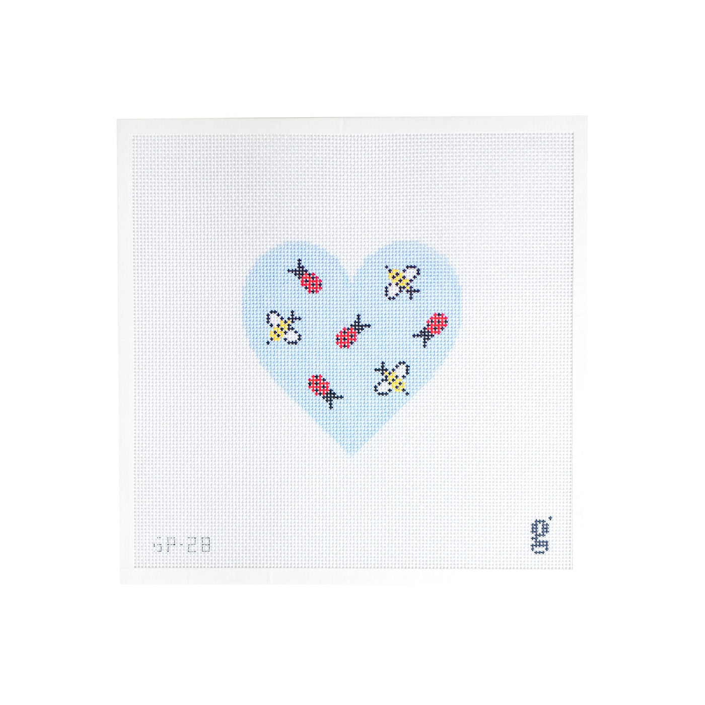 White square shaped needlepoint canvas with blue heart in the center. Inside the heart are tossed ladybugs and bumblebees. The goodpoint logo is at bottom right corner and the SKU is at bottom left corner.
