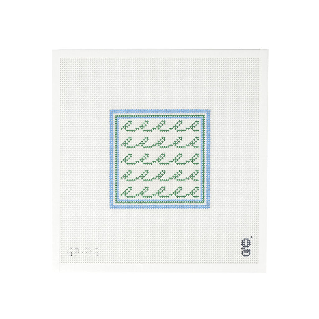 Light blue and green striped border on white needlepoint canvas frame 5 rows of green squiggles. The goodpoint logo is at bottom right corner and the SKU is at bottom left corner.