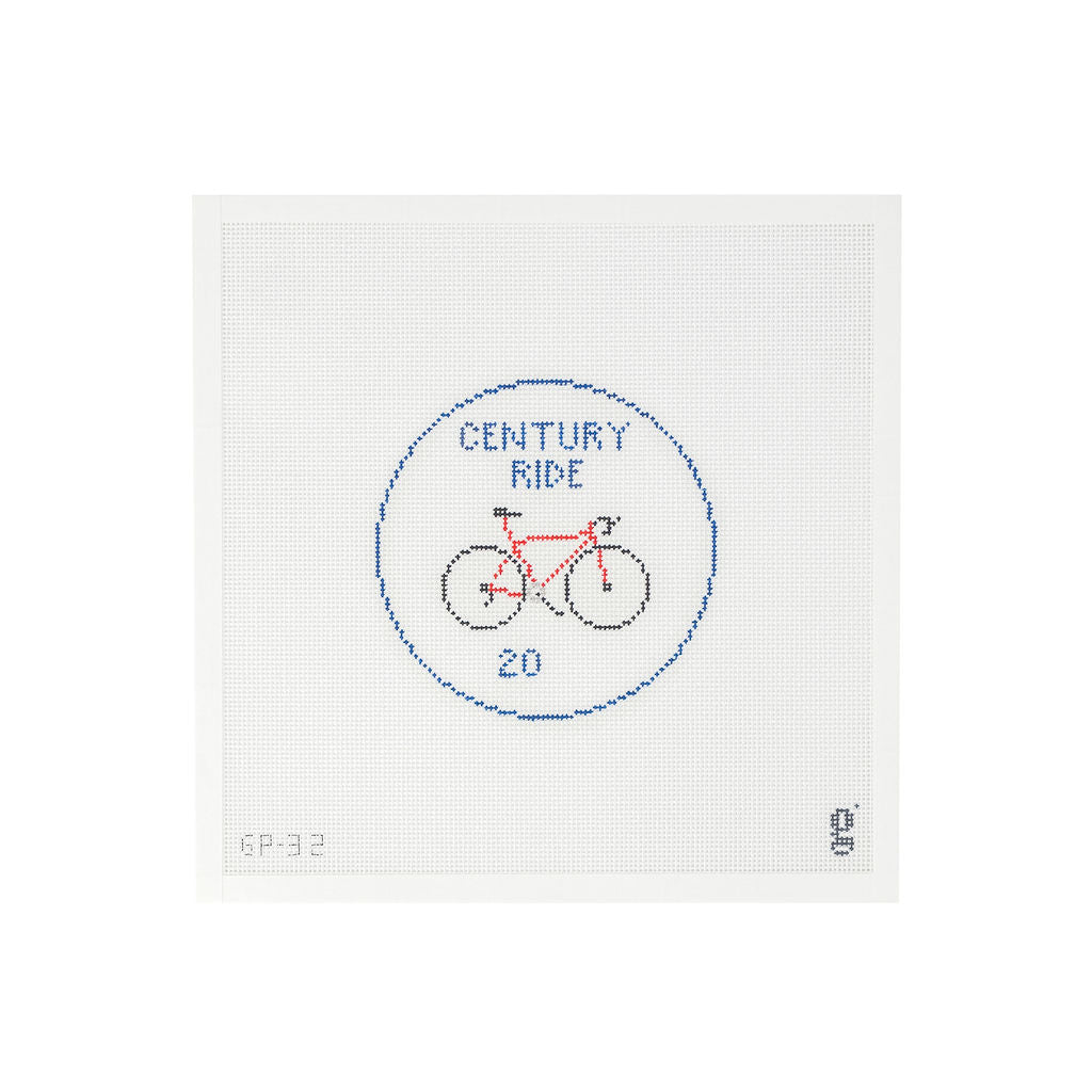 White square needlepoitn canvas with a navy circle outline at center. Inside the circle is a red road bike. Above the bike are the words "CENTURY RIDE" in navy. Below the bike is the number "20" in navy. The goodpoint logo is at bottom right corner and the SKU is at bottom left corner.