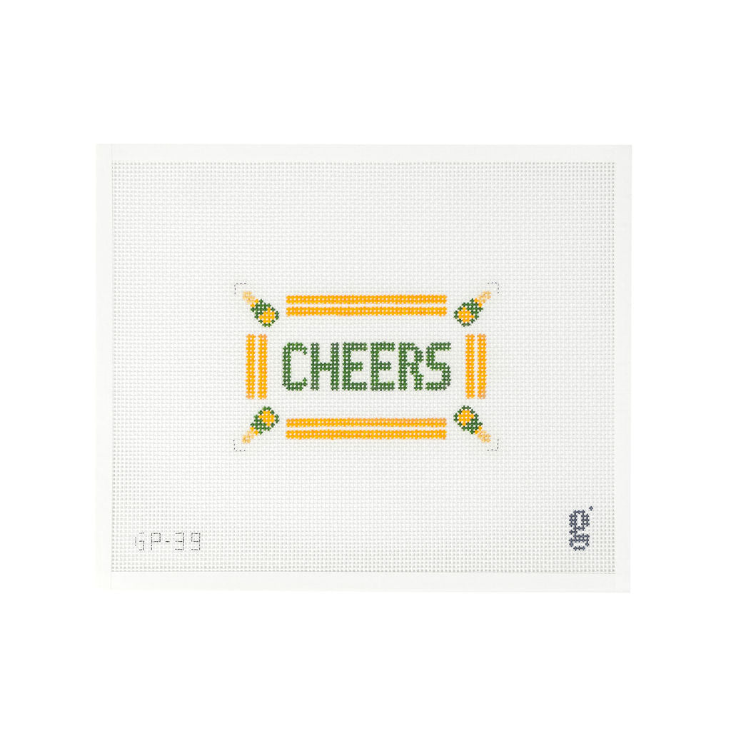White needlepoint canvas with "CHEERS" painted at center in green surrounded by orange striped border and champagne bottles in each corner.