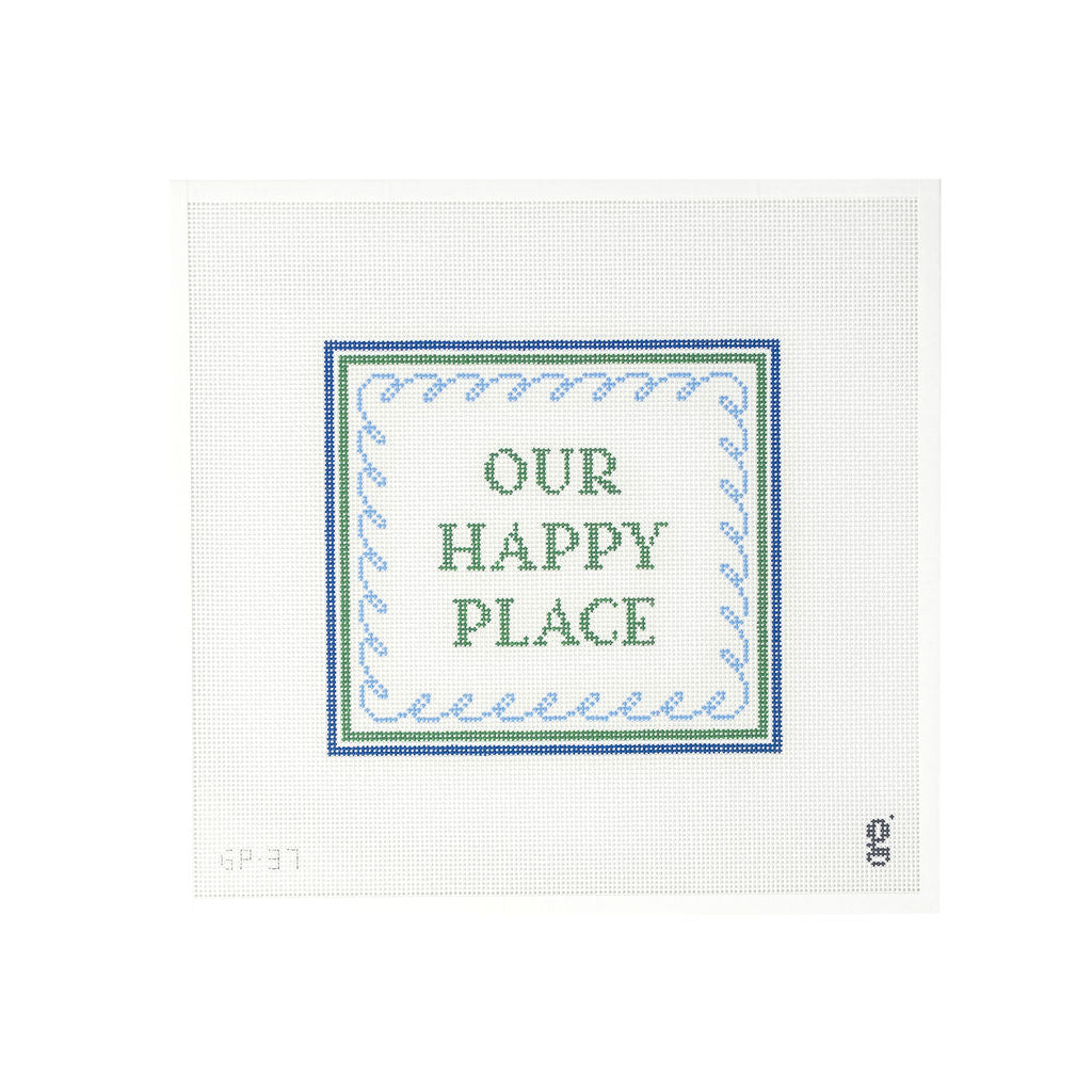 White square shaped needlepoint canvas with navy and green striped border. A light blue squiggle inner border frames the words "OUR HAPPY PLACE" in green type. The goodpoint logo is at bottom right corner and the SKU is at bottom left corner.