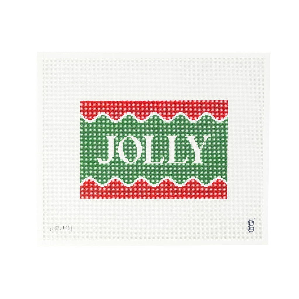 White needlepoint canvas with a red and green design and the word "JOLLY" at center in white.