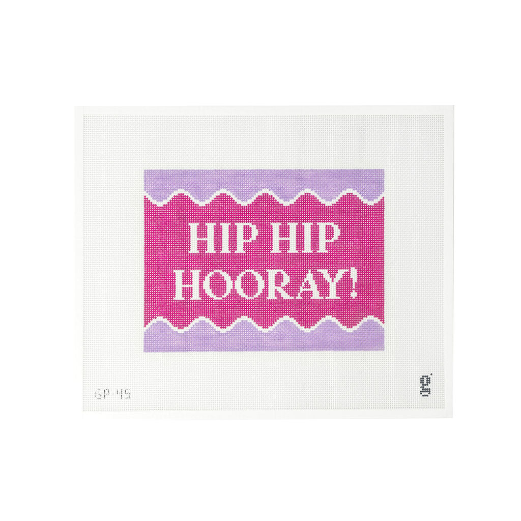 White needlepoint canvas with hot pink and lavender design and the words "HIP HIP HORRAY" at center in white