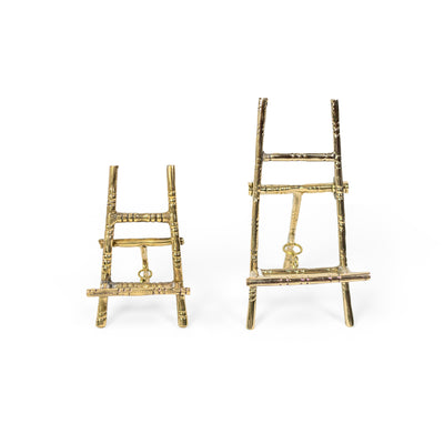 2 brass faux bamboo miniature easels sit side by side. One is smaller than the other.