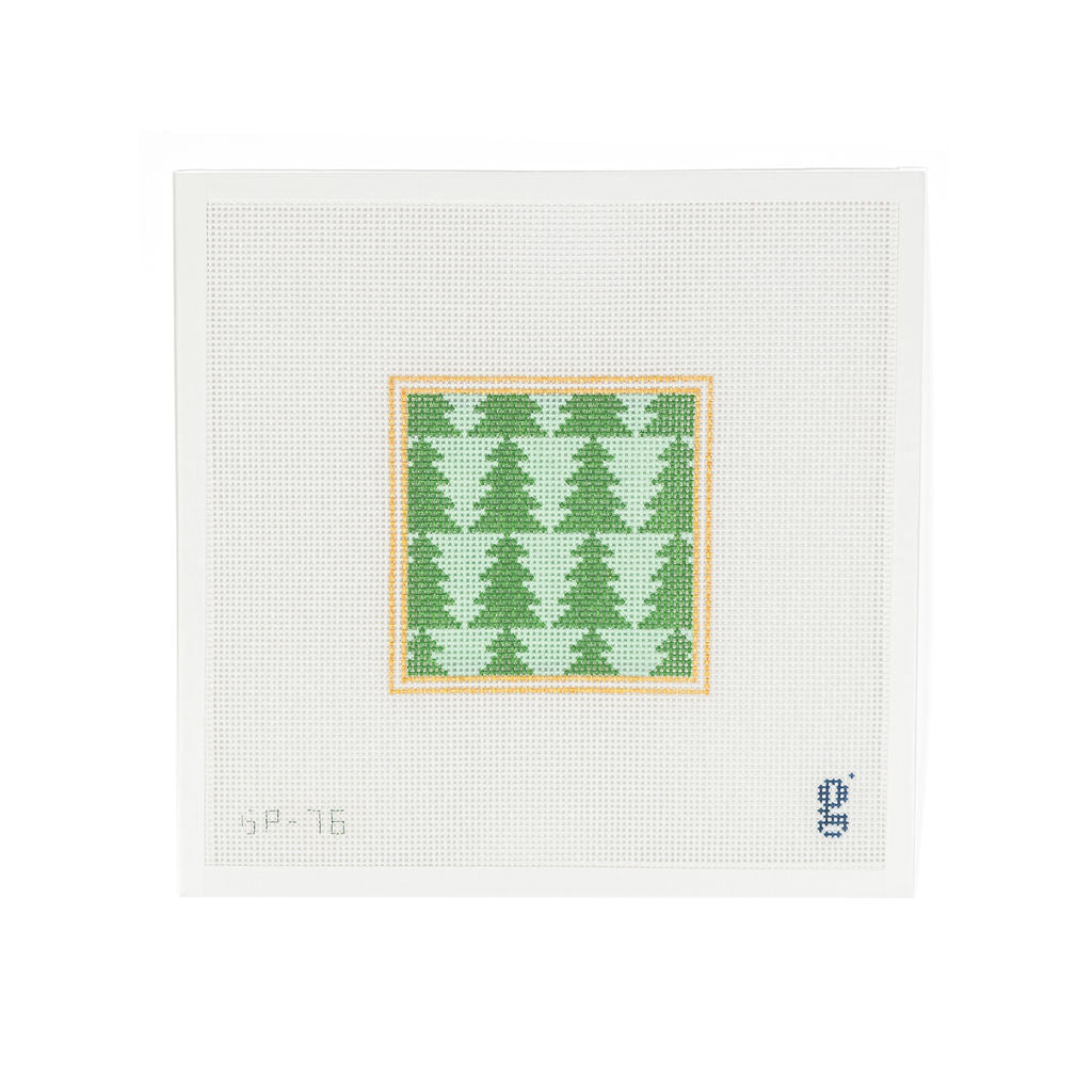 White needlepoint canvas featuring a gold square design with rows of mint green and green alternating interlocked evergreen trees