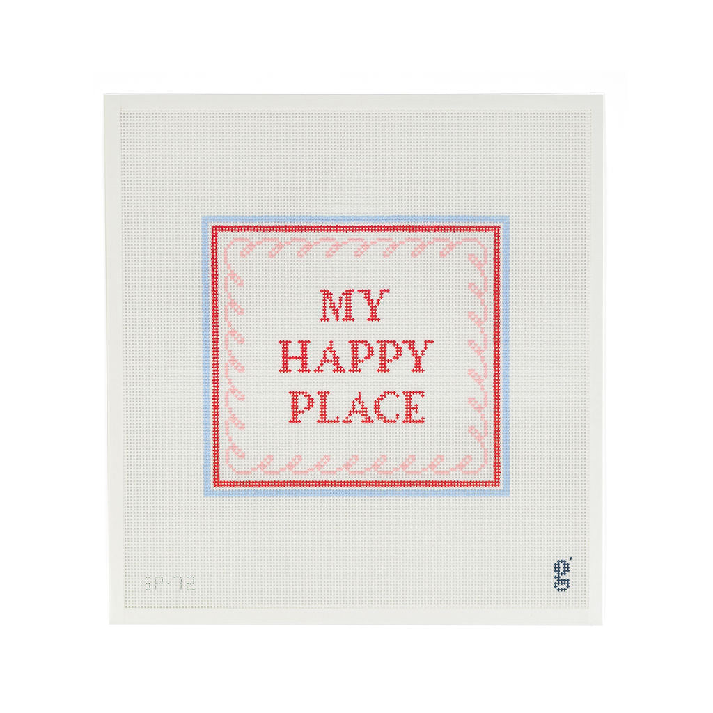 White needlepoint canvas with a light blue and red striped square border. The words "My Happy Place" are in red text at center surrounded by a pink squiggle border