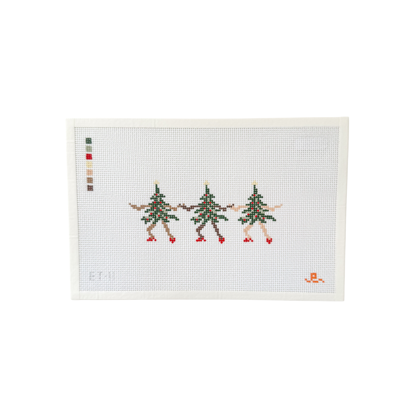 white needlepoint canvas with 3 Christmas trees with arms and legs dancing