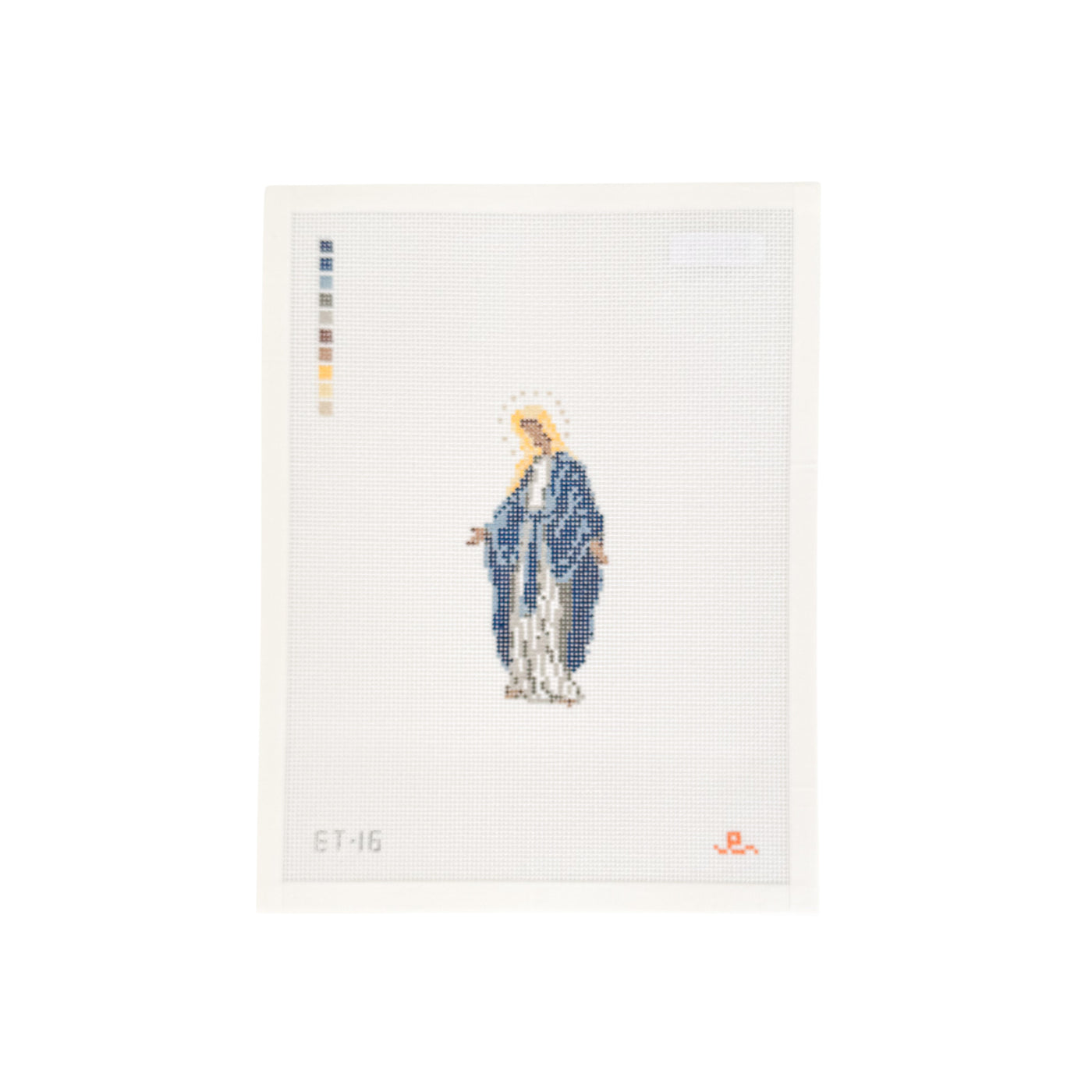 white rectangular needlepoint canvas with depiction of the virgin Mary at center in navy robes