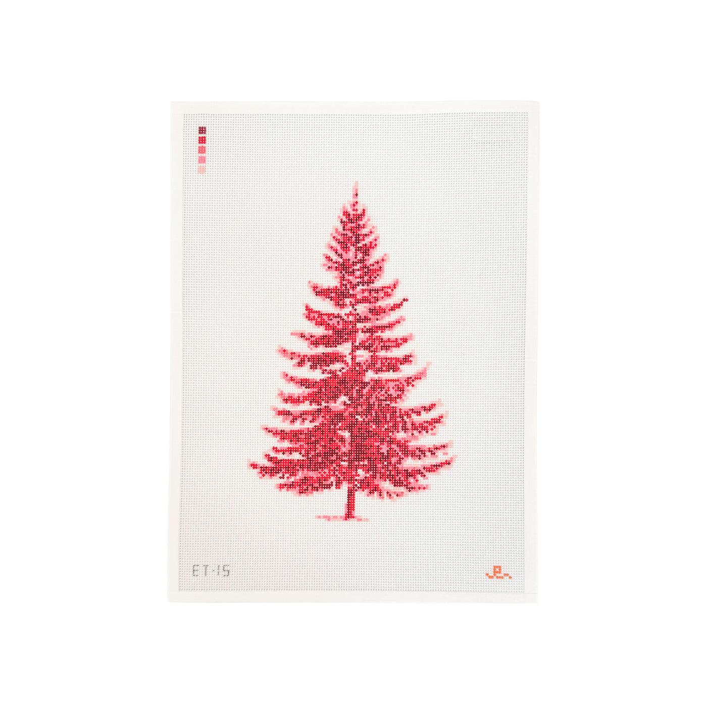 white rectangular needlepoint canvas with red and pink fir tree design at center