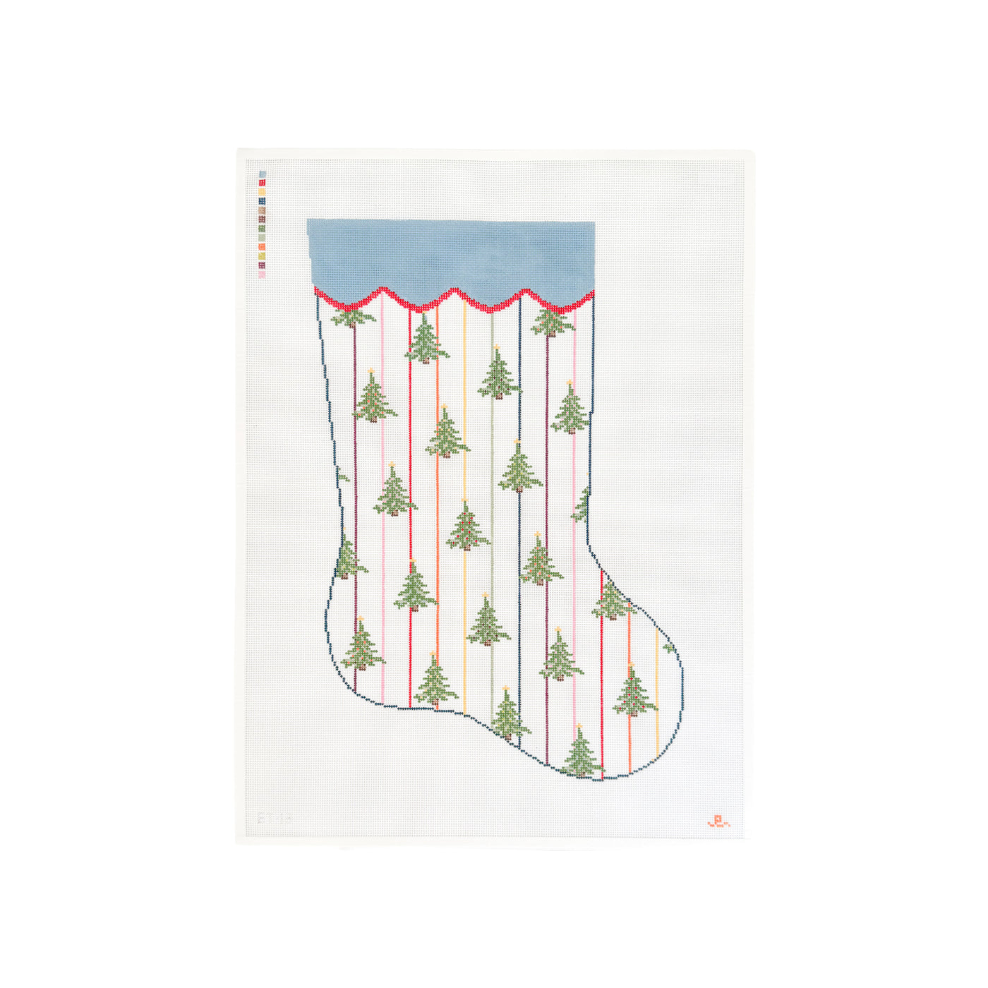 White rectangular needlepoint canvas with Christmas stocking design featuring multi colored vertical stripes with alternating Christmas trees