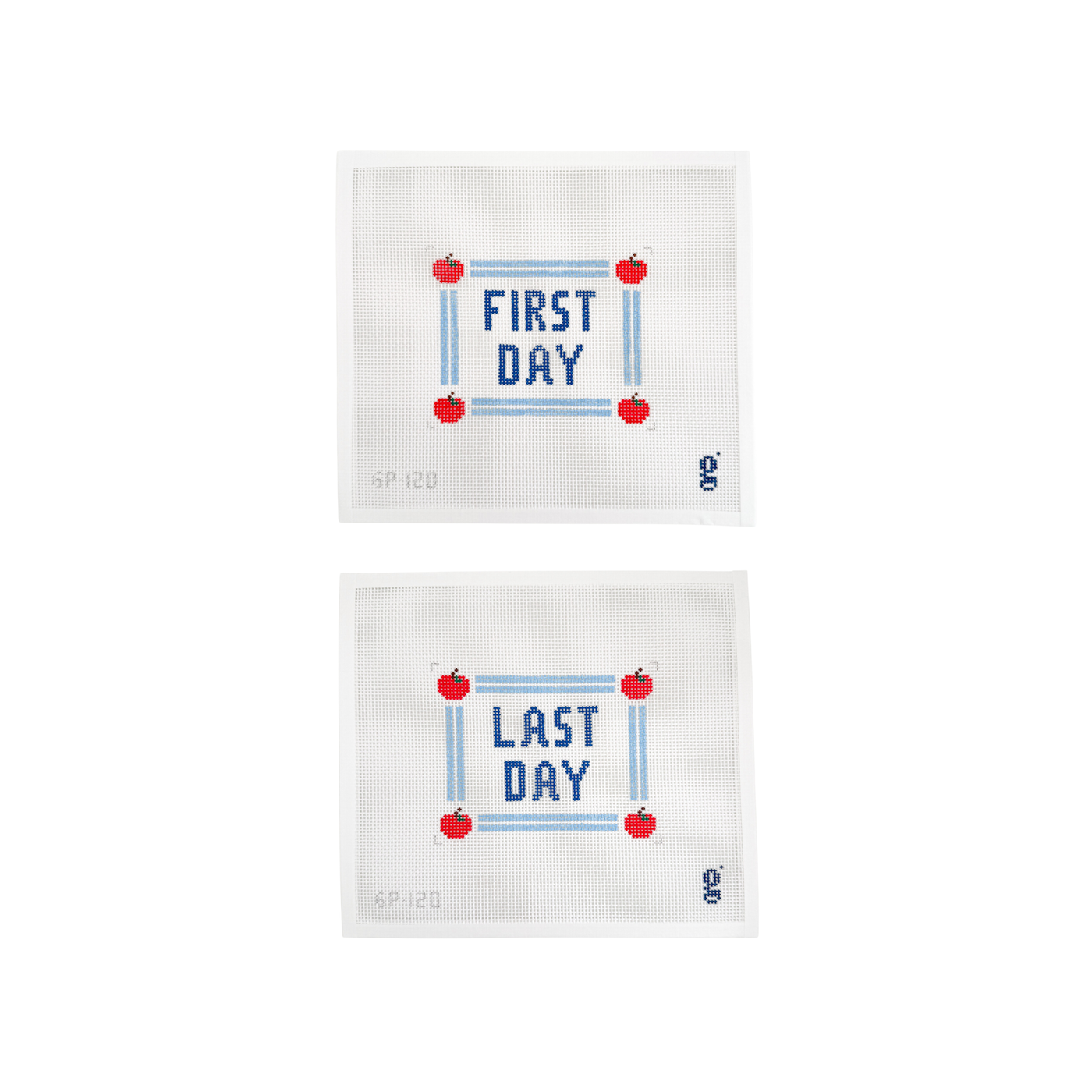 2 white needlepoint canvases stacked on top of each other with light blue double stripe borders with apples in corners and the words "FIRST DAY" and "LAST DAY" in navy block text at center