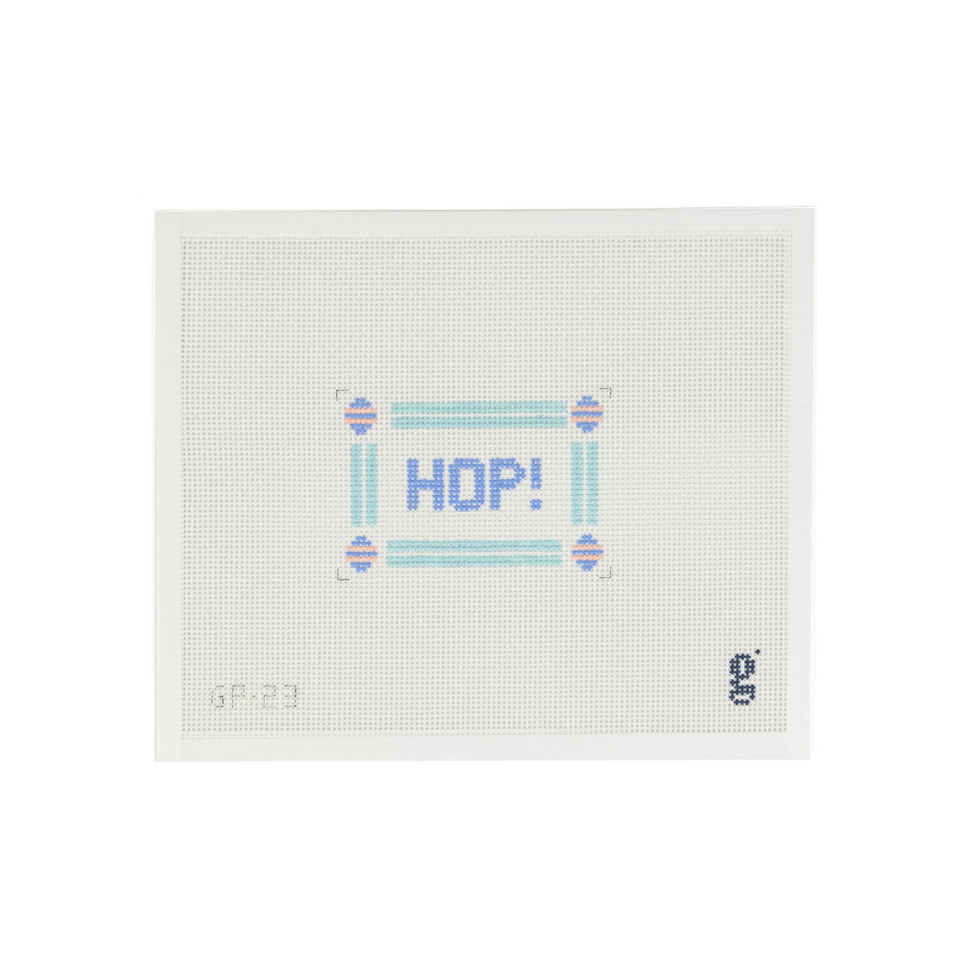 White needlepoint canvas with the word "HOP" in periwinkle text surrounded by aqua striped border with Easter eggs in each corner