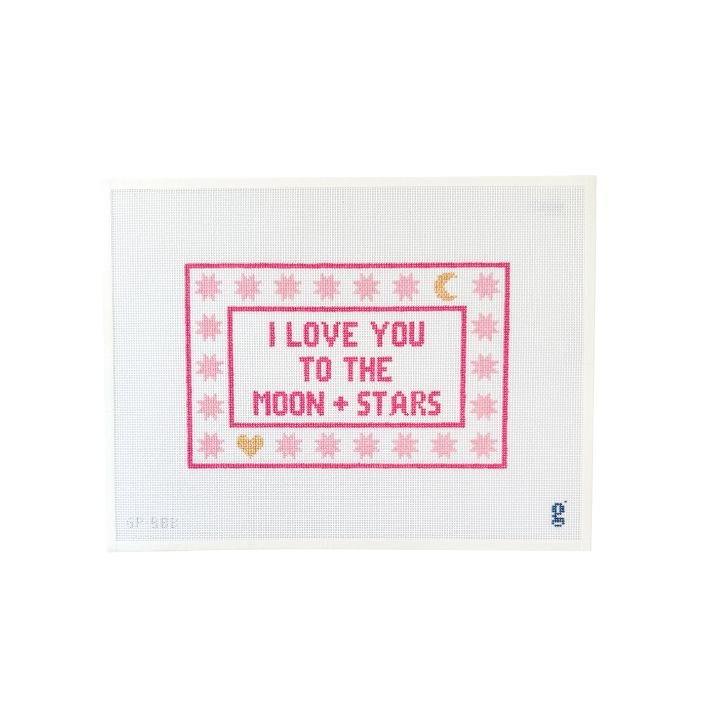 White rectangular needlepoint canvas with the words "I LOVE YOU TO THE MOON + STARS" in bright pink text at center surrounded by a border of light pink 8-pointed stars and a single golden crescent moon and golden heart.