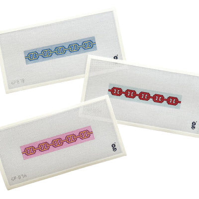 3 needlepoint canvases with different color options in a rectangular links pattern