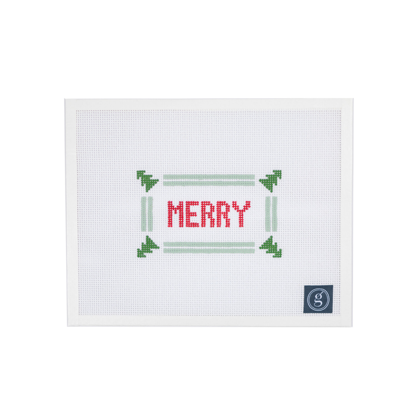 White needlepoint canvas. At center is the word "MERRY" in block red letters. Word is surrounded by a mint green double stripe border with green evergreen trees in the four corners. A navy Goodpoint logo is located in the bottom right corner.