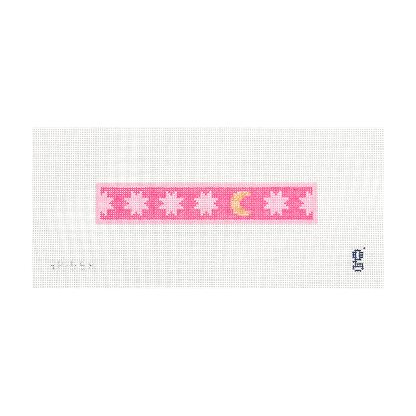 White needlepoint canvas with hot pink rectangular design featuring light pink six pointed stars and a single gold crescent moon