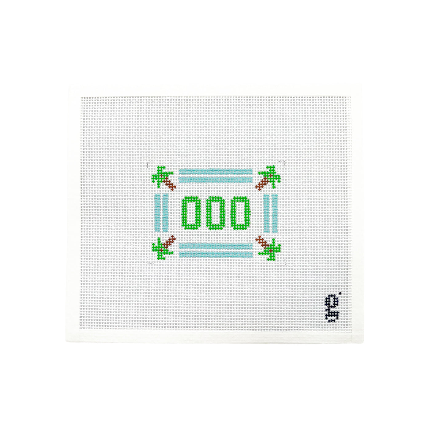 White needlepoint canvas with the letters "OOO" at center in green text surrounded by turquoise striped border with palm trees at corners