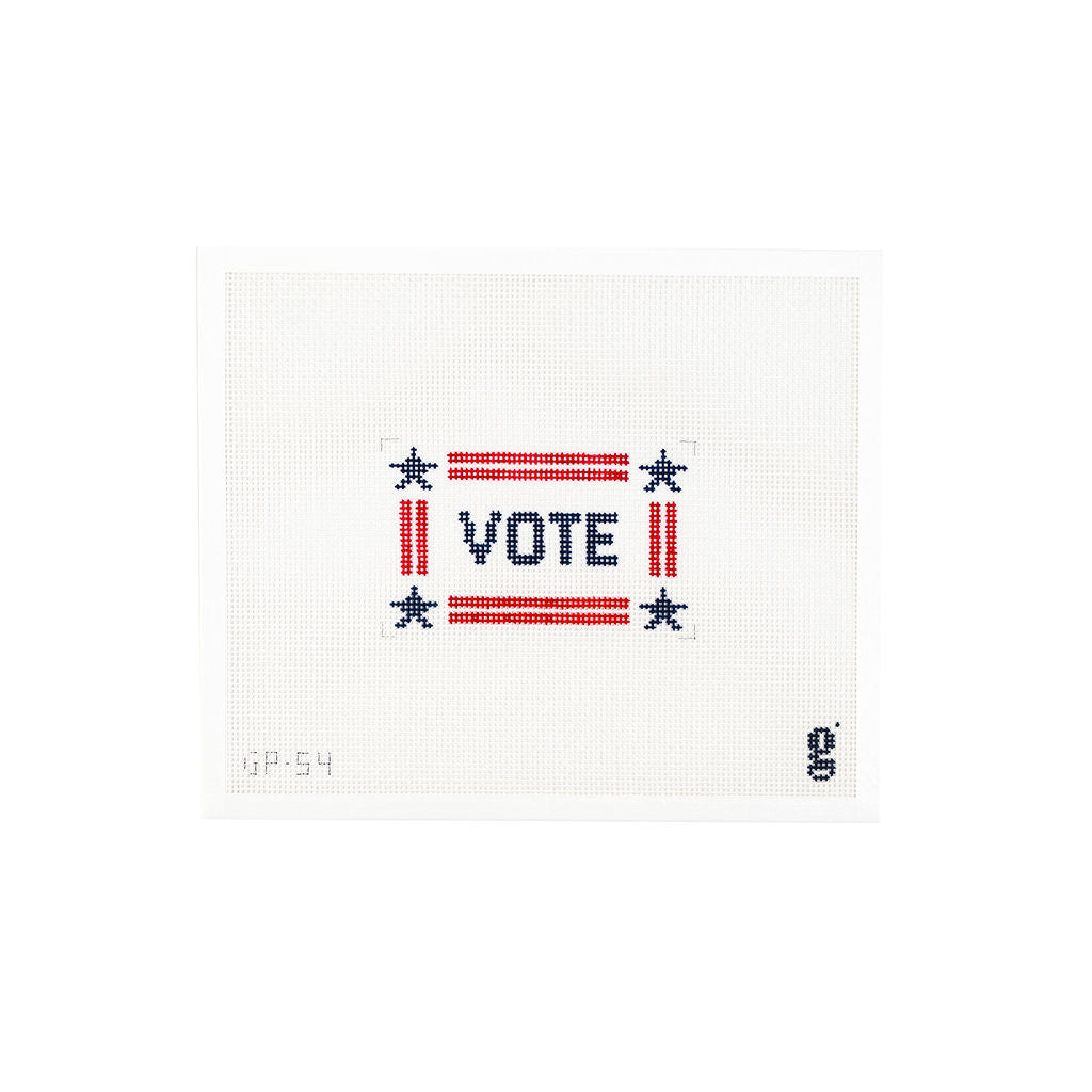 White needlepoint canvas with the word "VOTE" in navy block text at center, surrounded by a red stripe border and a navy star in each corner.