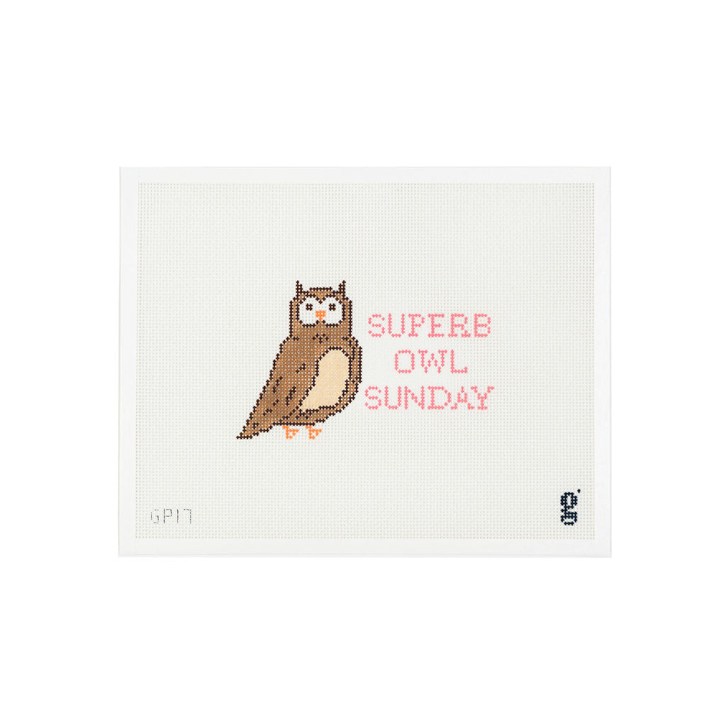 White needlepoint canvas with image of brown owl in 3/4 view with the text "SUPERB OWL SUNDAY" written in pink to the right of the owl