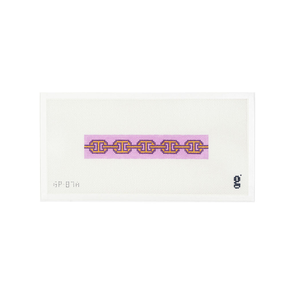 White needlepoint canvas with lilac colored narrow rectangle and an orange and purple links pattern