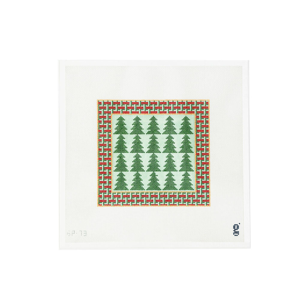 White needlepoint canvas featuring a square painted design. The outer border is green, mint green, red and gold in a woven pattern and the inside is mint green and green alternating Christmas trees.