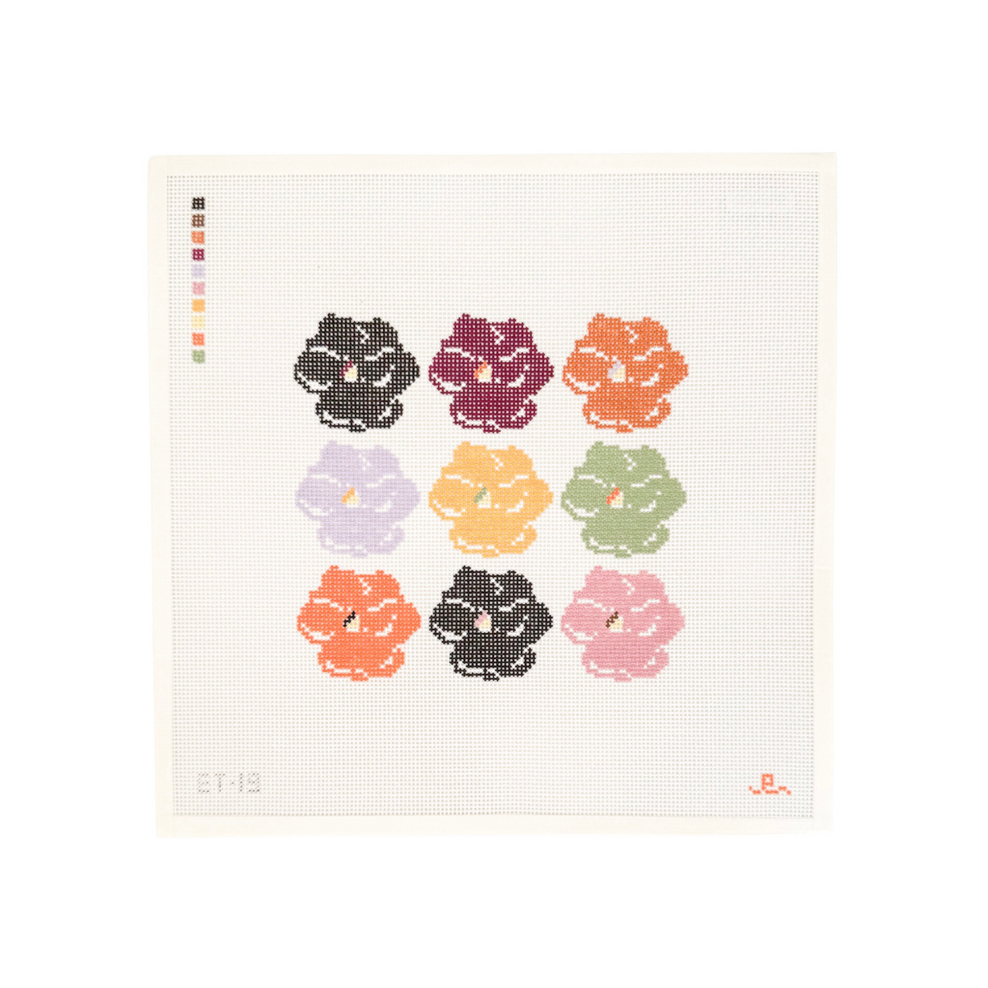 White square shaped needlepoint canvas with a design of 9 pansy flowers in assorted autumnal colors arranged in grid