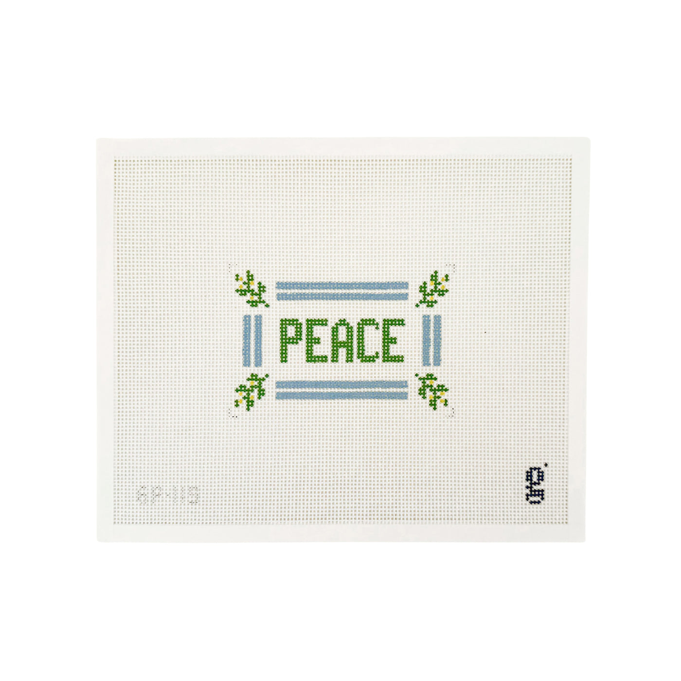 White needlepoint canvas with the word PEACE at center in green text surrounded by a blue stripe border and olive branches in each corner 