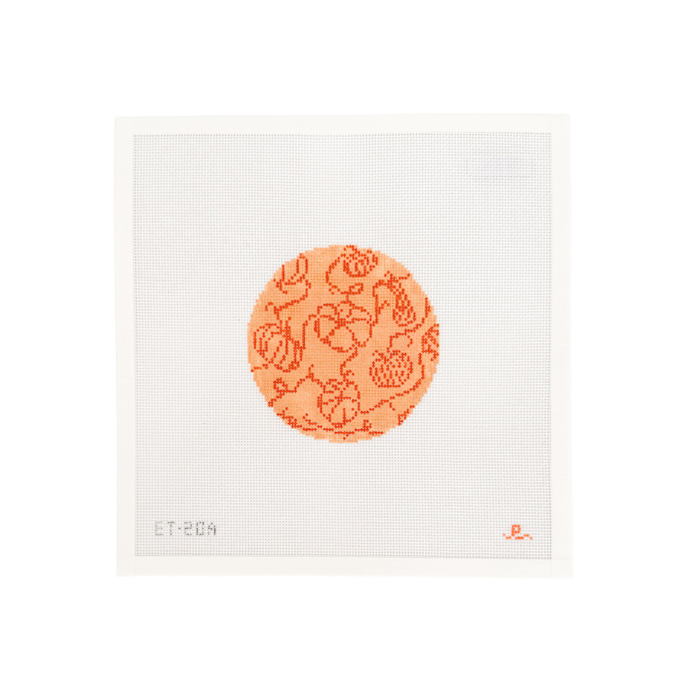 White square shaped needlepoint canvas with orange circular design featuring darker orange pumpkin pattern 